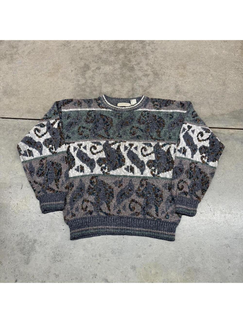 vintage expressions world wide striped grey green and brown knit sweater medium